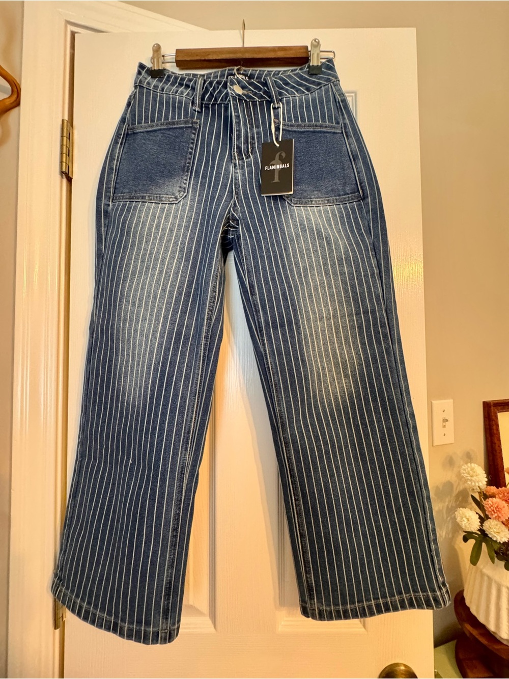 Women's Blue Pinstripe Wide-Leg Jeans